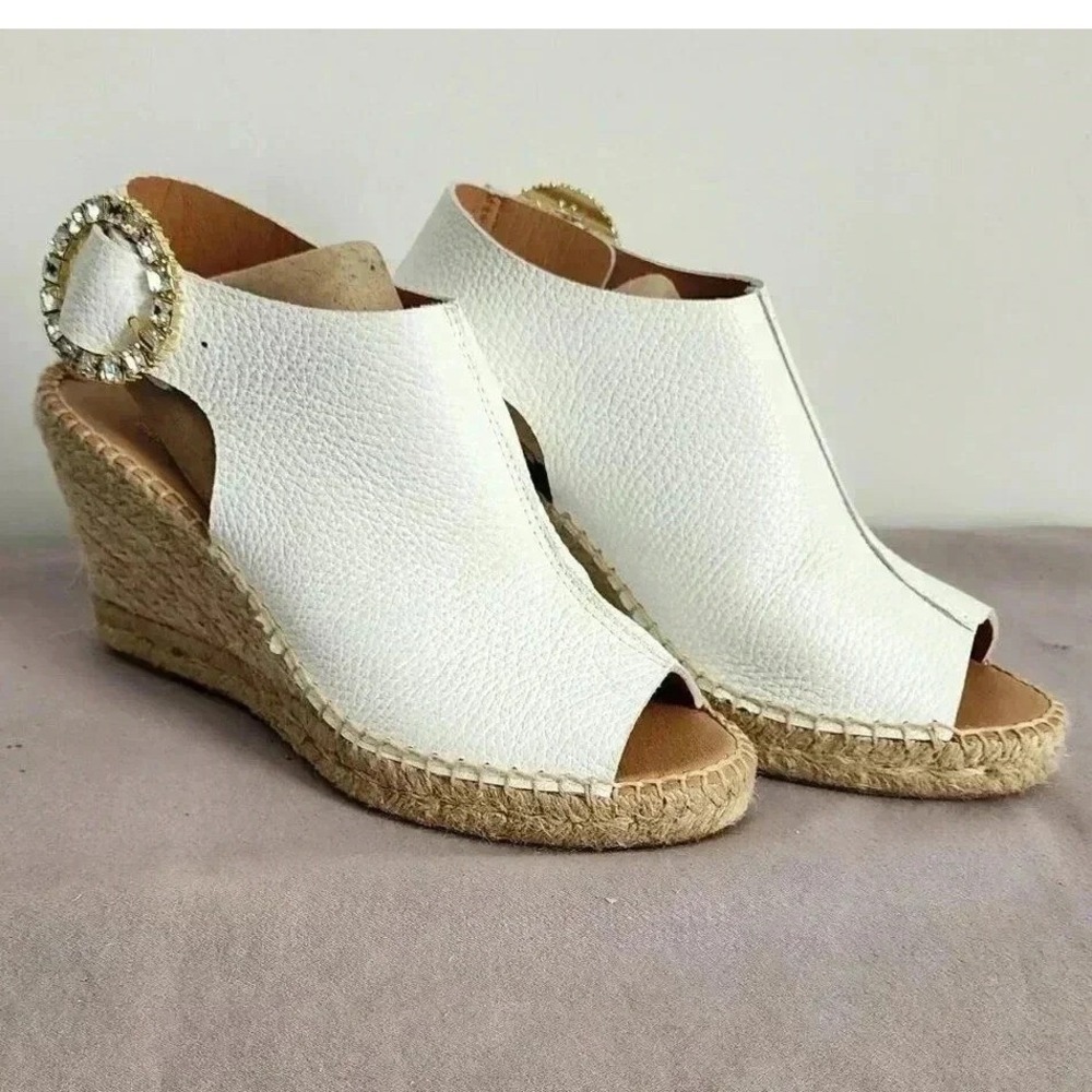 Maypol White Leather Crystal Buckle Espadrille Wedge Sandals US 6.5